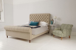Photosoot Images: Pentlow Bed in Swaledale Linen and Holmfirth Chair in Spring Rhythm  Pomegranate