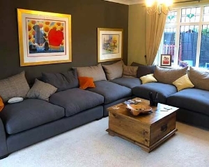 Customer Photos: Hambledon large corner group in Croft Charcoal with Harris Tweed scatters
