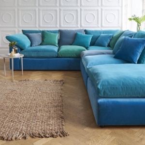 As Seen in Our Brochure: Big Softie Corner Unit & Footstool in Portland Velvets Teal Mix