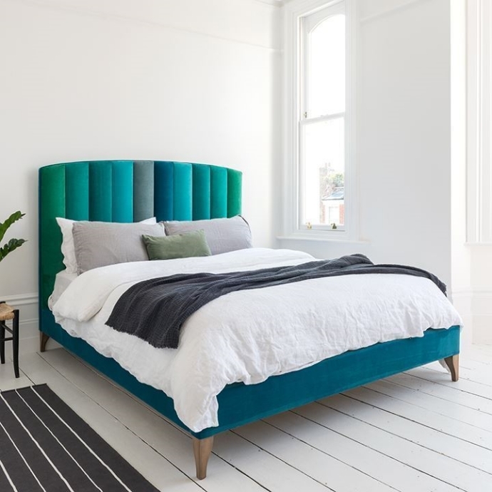 As Seen in Our Brochure: Redchurch KIng Bed in Linwood Omega Velvets Teal Mix