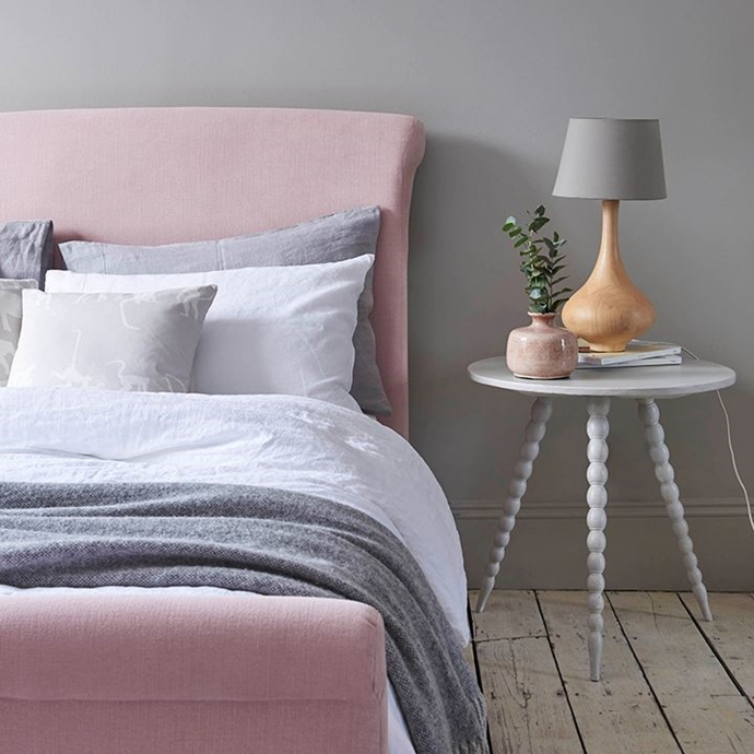 pink headboard grey bedroom