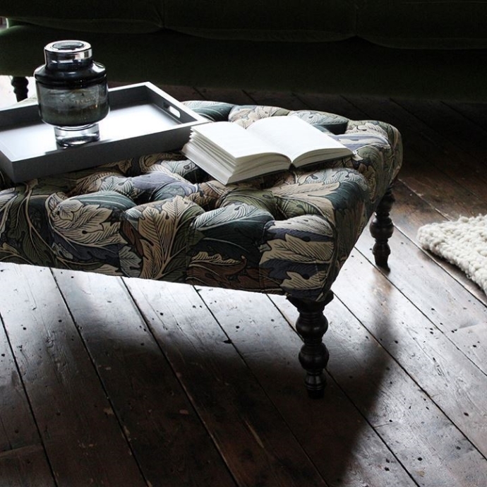 As Seen in Our Brochure: Pentlow  Buttoned Square Footstool in William Morris Acanthus Slate