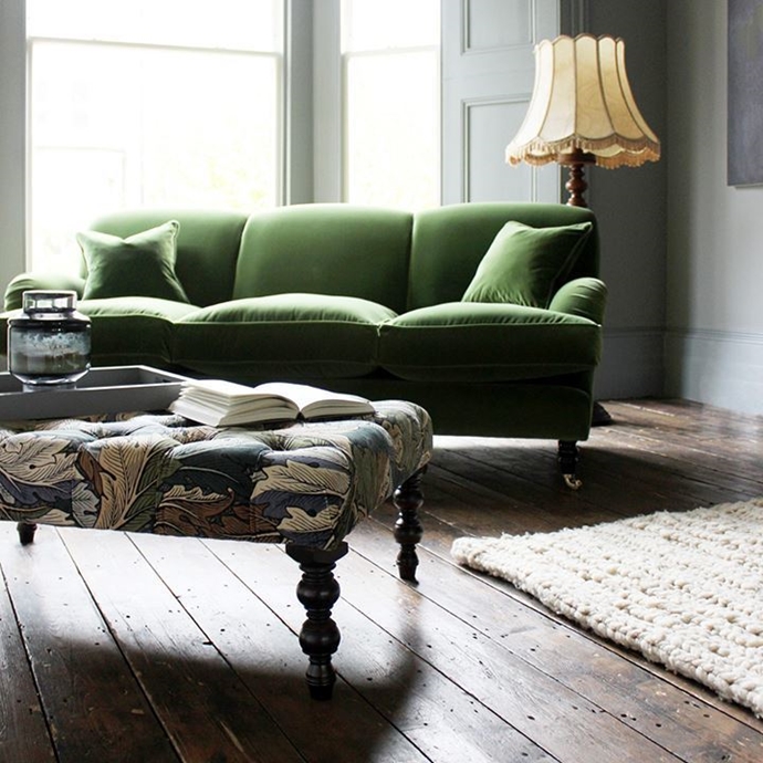 Buttoned footstool in William Morris Acanthus Slate