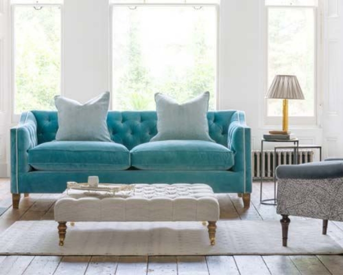 Photoshoot Images: Haresfield 3 seater sofa in Omega Velvet Airforce Blue and piping in Portland Velvet Vellum