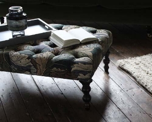 Photoshoot Images: Pentlow footstool in William Morris Acanthus Slate