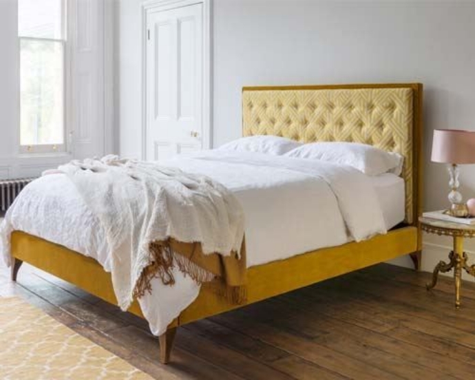 Camden King Bed in Omega Velvet Brass and Pampas Saffron