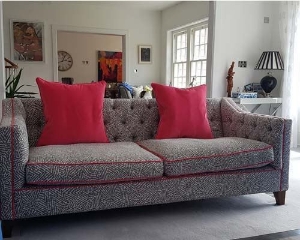 Customer Photos: Haresfield 3 Seater Sofa Dipped Arms in Romo Lorcan Kaiko Magnesium, Piping in Varese Velvet Pink