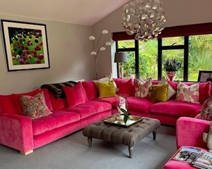 Customer Image: Stockbridge Corner sofa and Footstool in LInwood Omega Folly with Contrasting Scatters