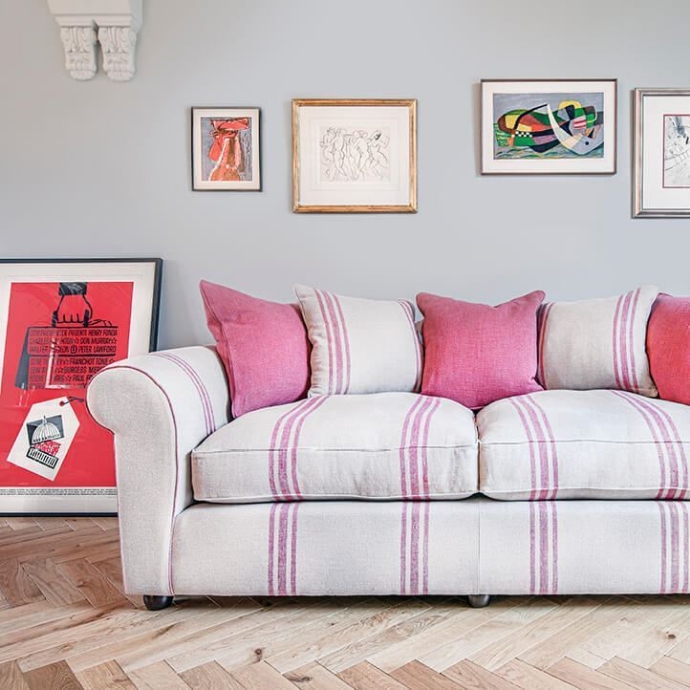 As Seen in Our Brochure: Lewes 3 seater sofa in Walloon Linen Stripe Red