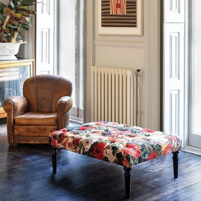 As Seen in Our Brochure: Pentlow Footstool in Mulberry Floral Velvet Pomadour Spice