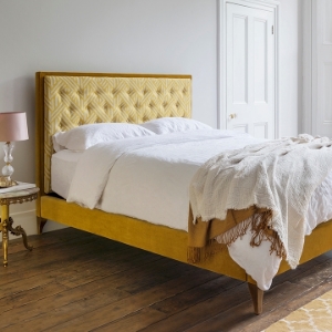 As Seen in Our Brochure 2022: Camden King Bed in Portland Brass & Linwood Pampas Saffron