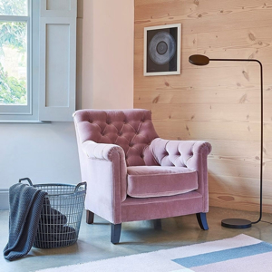 As Seen in Our Brochure: Fordingly Chair in in Filey Velvet Dusky Pink