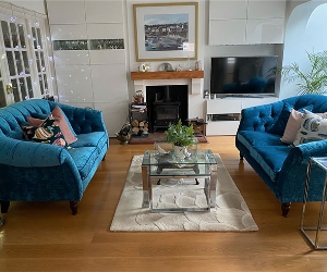 Customer Photos: Abbotsbury 2 Seater Sofa in J Brown Modena Velvet Peacock with Piping & Scatters in Petrol