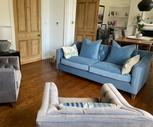 Customer Photos: Haresfield 3 Seater Dipped Arm Sofa in House Velvet Wedwood & Contasting Piping