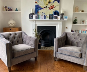 Customer Photos: Haresfield Chairs in Linwood Omega Velvet Mushroom with Contrasting Pipping