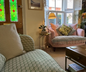 Customer Photos; Helmsley Snuggler in Andrew Moss Old Rose with Sofa in Cloth 21 Spring Twig Grass