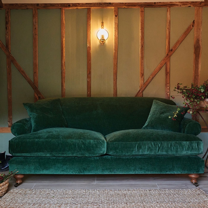 As Seen in Our Brochure January 2023: Hampton 3 Seater Sofa in J Brown Chamonix Super Soft Velvet Highland Green