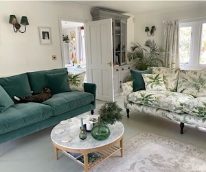 Customer Photos: V&A Brunel 3 Seater Sofas in Colefax and Fowler Kendal Leaf Green and Manuel Canovas Rivoli Velvet Petrole