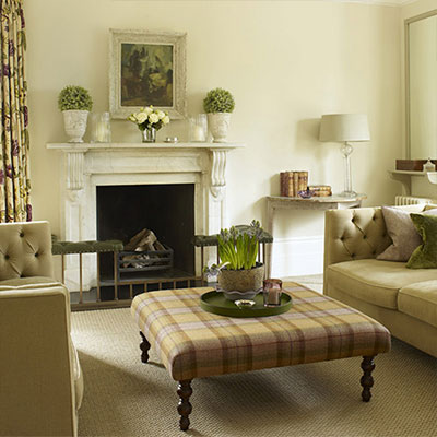 Porthallow Footstool in Moon Plaid & Haresfield 3 Seater Sofas in Linara Oatmeal