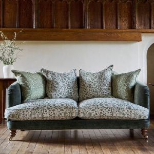 As Seen in Our Brochure Autumn 2023: Helmsley 3 Seater Sofa in Mohair Fir with Seat and Back Cushions in Trailing Vine Olive and Small Trailing Vine Olive