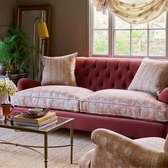 Chiddingfold 3 seater sofa, Tawny Velvet and V&A Threads of India, As  Seen in Our Brochure