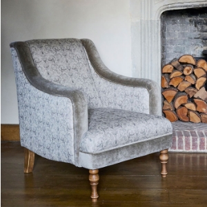As Seen in Our Brochure 2024: Rothermere Chair in RHS Gertrude Jekyll Ornamental Brown with Arms and Front Border in Mohair Mushroom