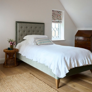 As Seen in Our Brochure 2022: Camden single bed in RHS Collection Gertrude Jekyll Lattice Duck Egg and Linwood Omega Velvet Duck Egg
