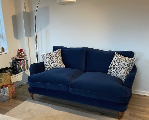 Customer Photos: Pugin 3 Seater Sofa in House Velvet Indigo Scatter Cushions in RHS Gertrude Jekyll Trailing Vine Navy