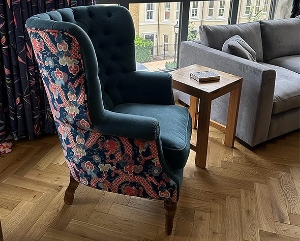 Customer Photos: Whitewell Buttoned Chair in Omega Omega Printed Velvet Twilight and LinarA Tapestry