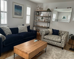 Haresfield 3 Seater Sofa in Manolo Denim and Snuggler Dipped Arm in RHS Trailing Vine Navy