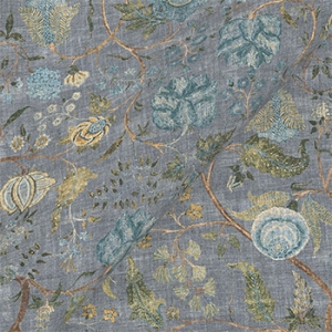 Exclusive Fabric V&A Threads of India on Linen - Tree of Life: Mineral Blue