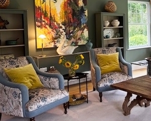 Rothermere Chairs in V&A Threads of India Opulent Velvets Tree of Life Powder Blue & Linwood Luna Lagoon