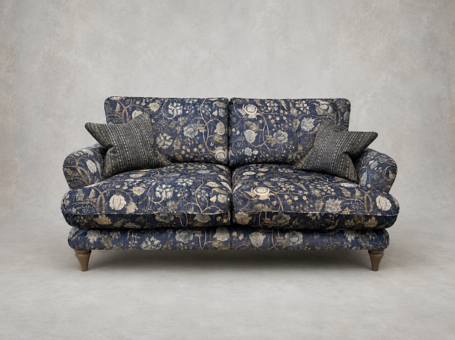 Outlet Sutton Coldfield: Pugin 3 Seater Sofa in V&A Threads of India Opulent Velvet Tree Of Life Ink with contrasting scatters