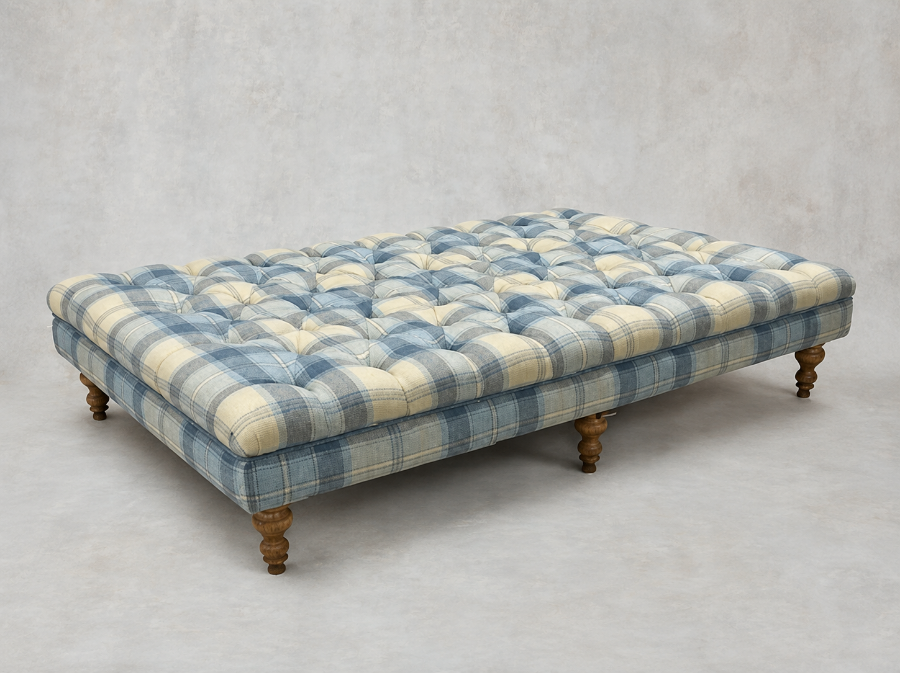 Outlet West Sussex: Bedham footstool in Callanish Plaid Aqua with contrasting piping
