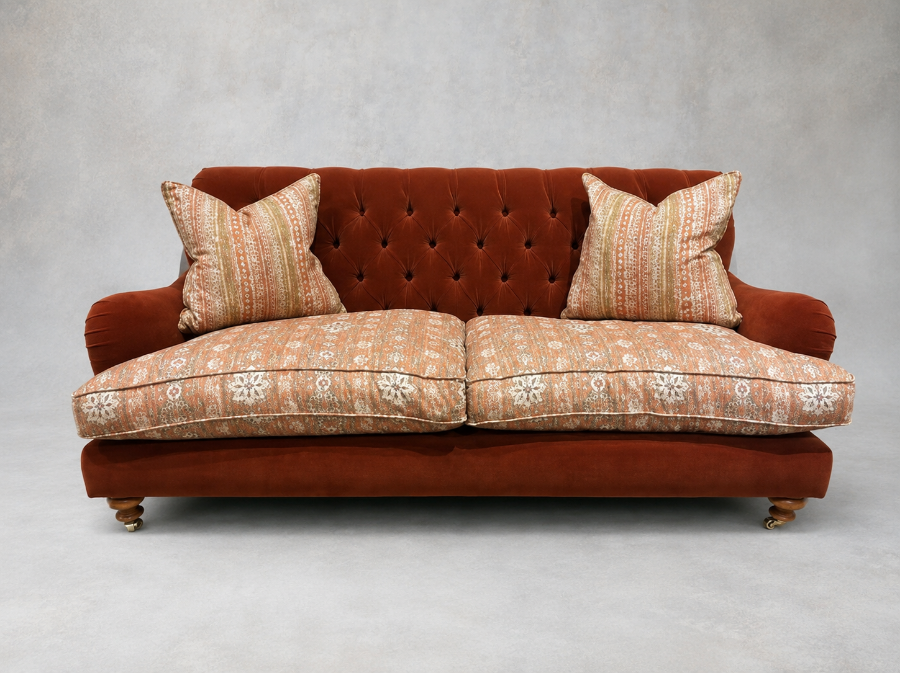 Outlet West Sussex: Chiddingfold 3 Seater Sofa in Omega Velvet Tawny Velvet and V&A Threads of India Regal Arabesque Flame with scatters