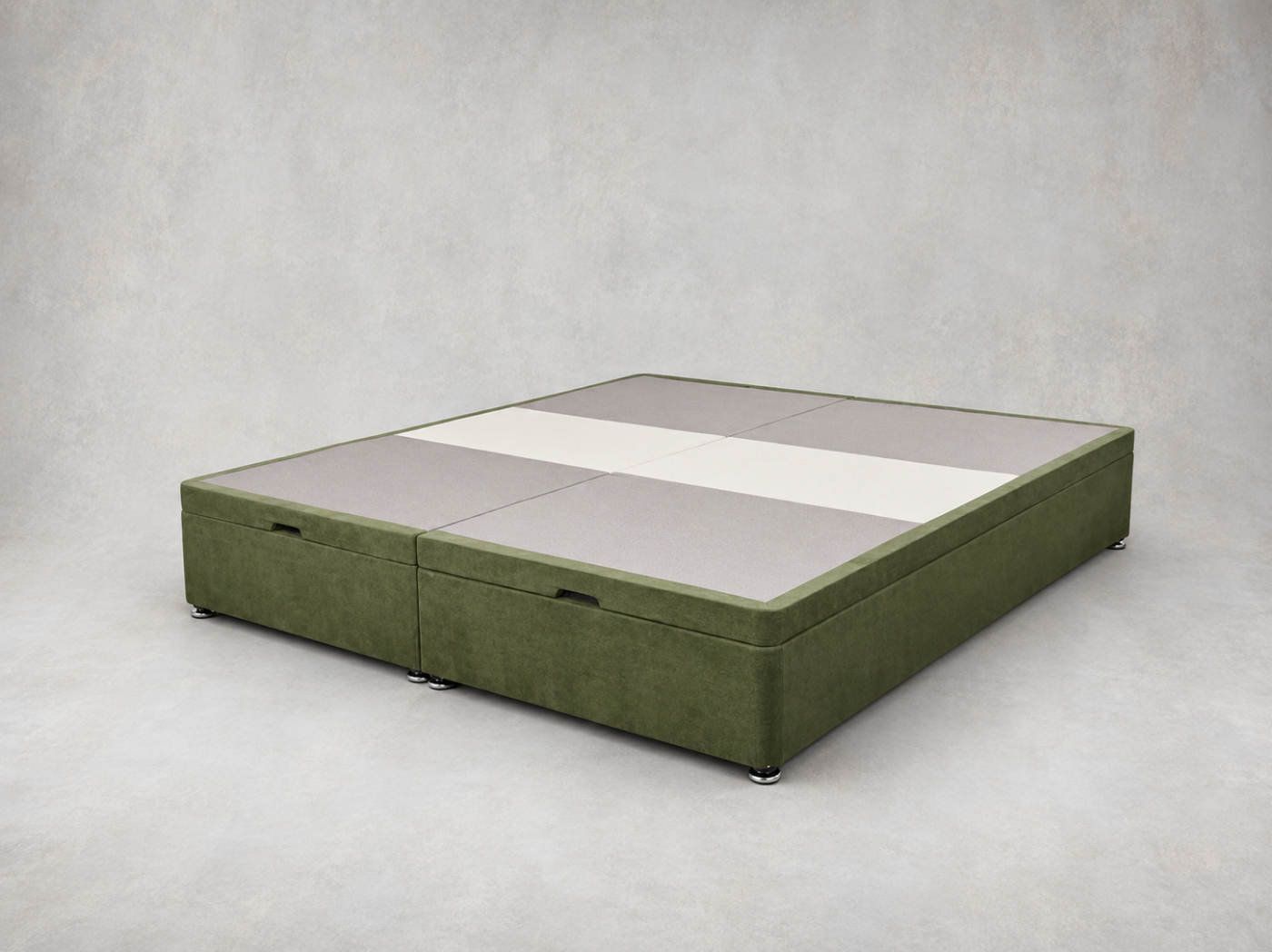 Outlet West Sussex: King side opening ottoman bed in Thompson Ravello Linen Evergreen