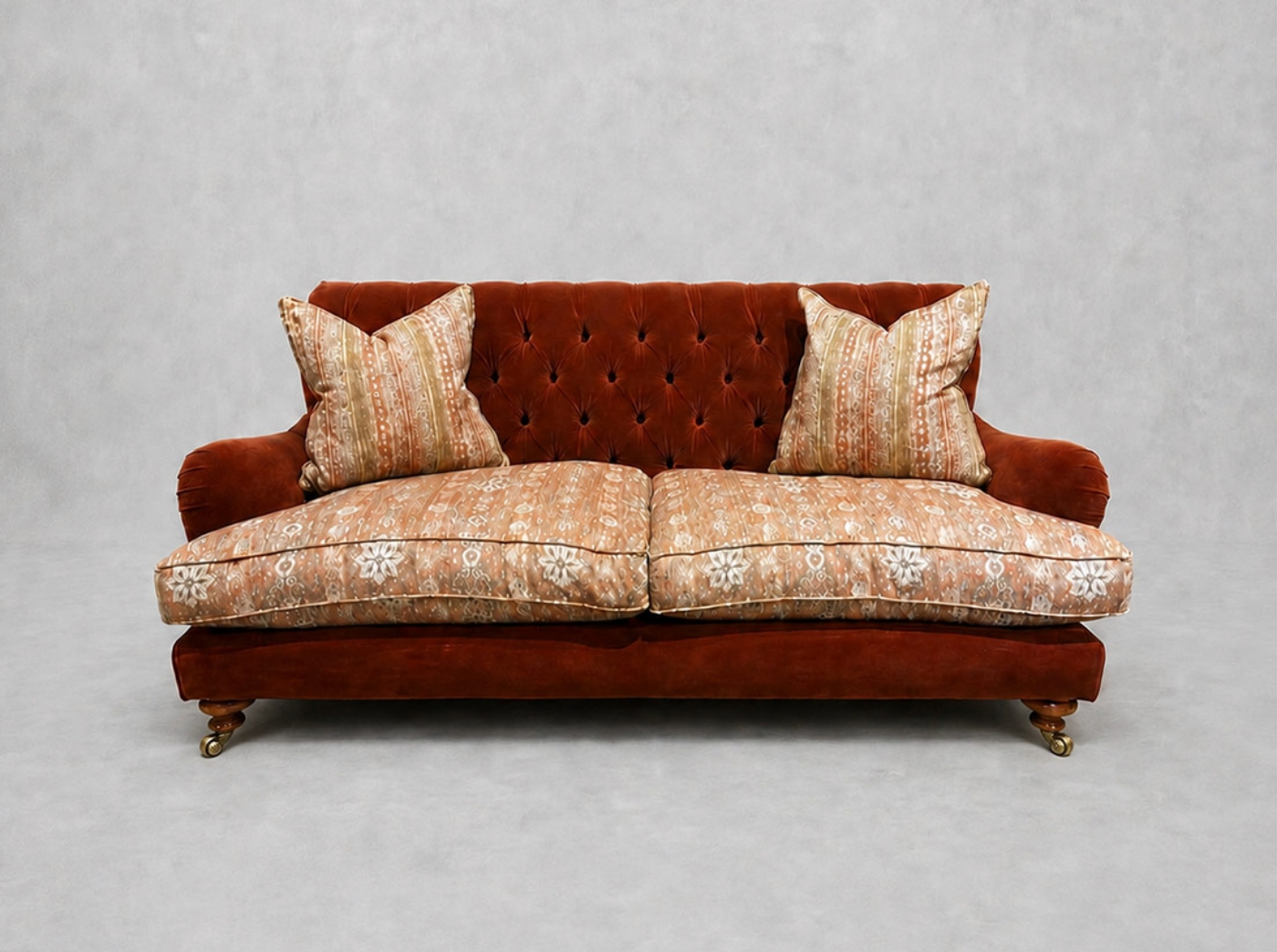 Outlet West Sussex: Chiddingfold 3 Seater Sofa in Omega Velvet Tawny Velvet and V&A Threads of India Regal Arabesque Flame with scatters