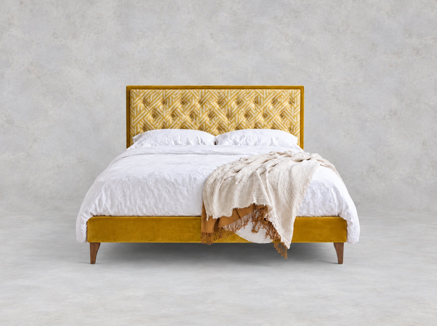Outlet Basingstoke: Camden King Bed in Omega Velvet Brass & Pampas Saffron