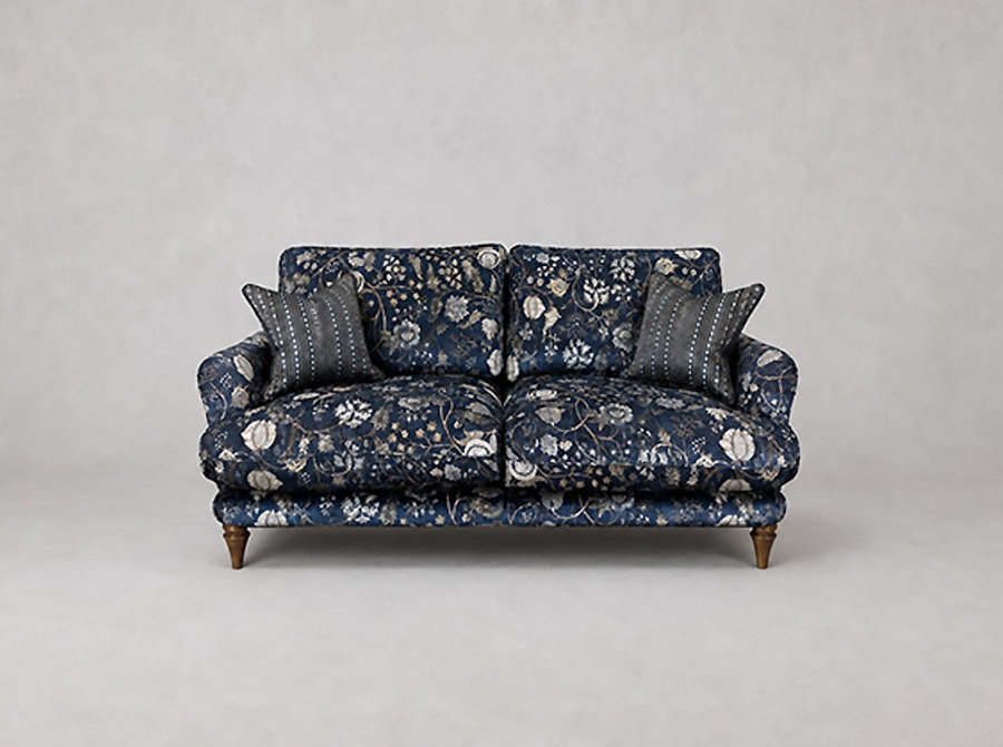 Pugin 3 Seater Sofa in V&A Threads of India Opulent Velvet Tree Of Life Ink with contrasting scatters