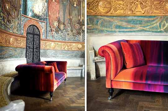 pink chesterfield velvet sofa in stately home