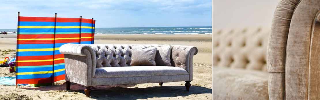 crushed velvet sofa on beach